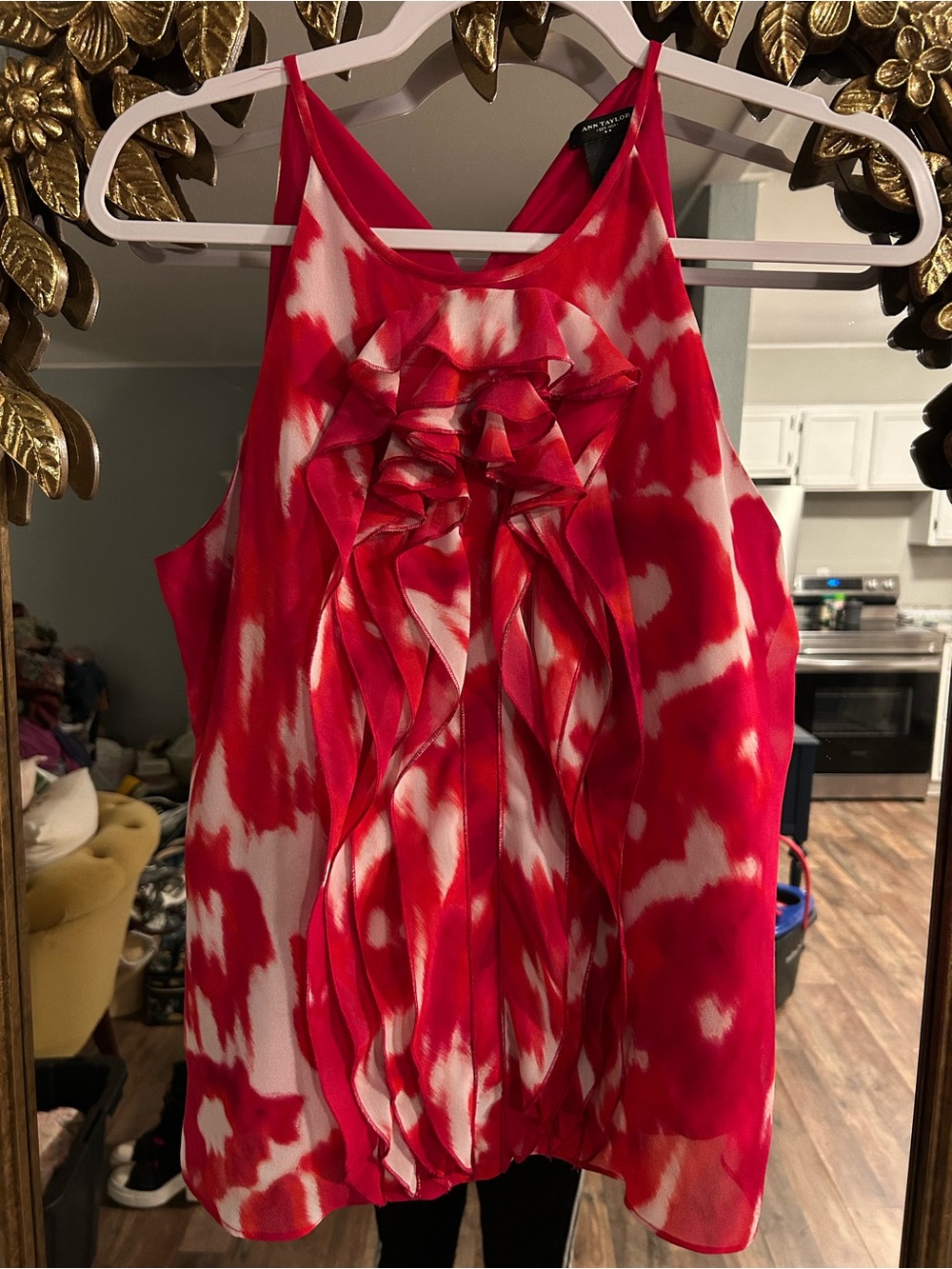 Ann Taylor Ruffled Pink and White Marbled Tank